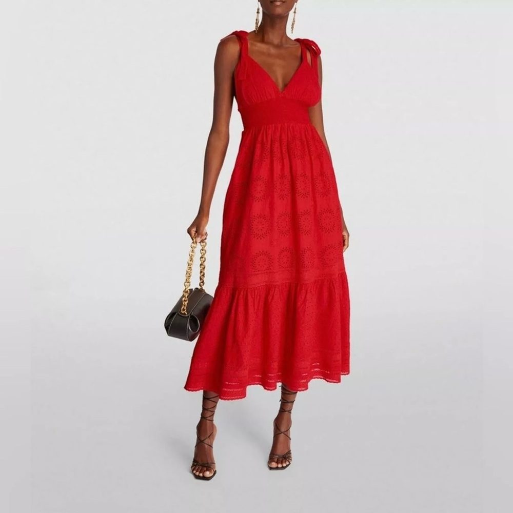 Alice + Olivia Levine Embroidered Eyelet Red Midi Dress Sz 4 Smocked Waist New
